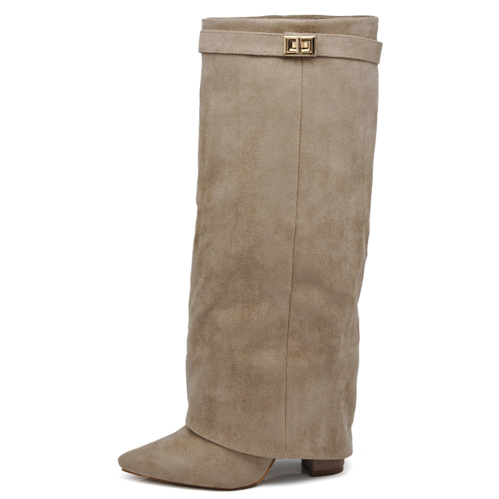 Stivali Donna A Punta Tacco Alto Stile Western – Alti al Ginocchio Camoscio Sintetico 6885