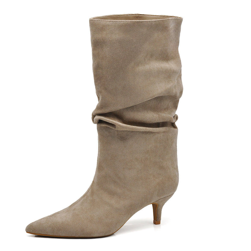 Stivali al polpaccio da donna scamosciato con tacco basso a spillo gattina KITTEN HEELS arricciato elegante e confortevole A206 marrone beige