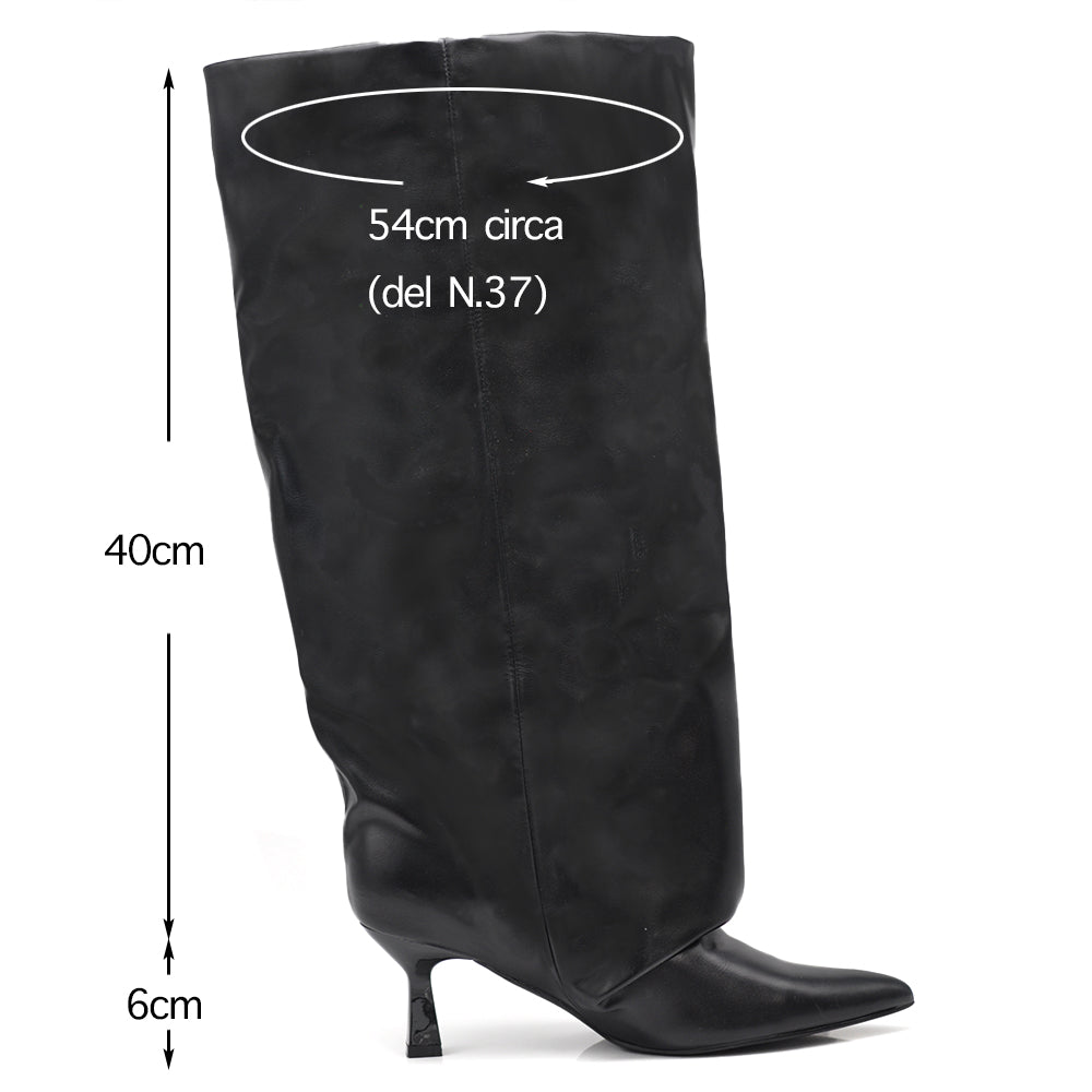 Stivali alti da donna tacco fine Punta affusolata tacco kitten heel gambale slouchy X8447 neri