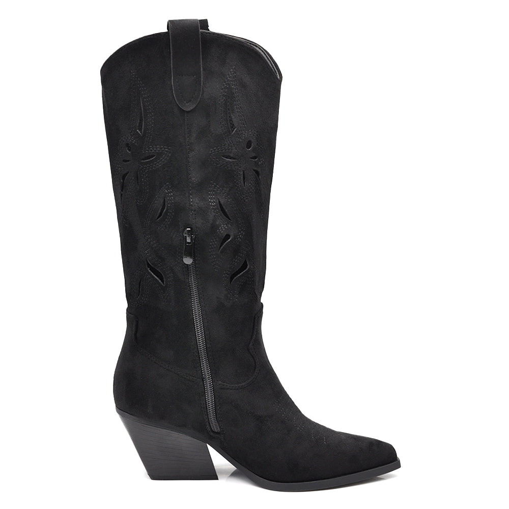 Stivali Alti Primaverili Texani Donna Traforati al Ginocchio – Stivaletti Western con Tacco Medio