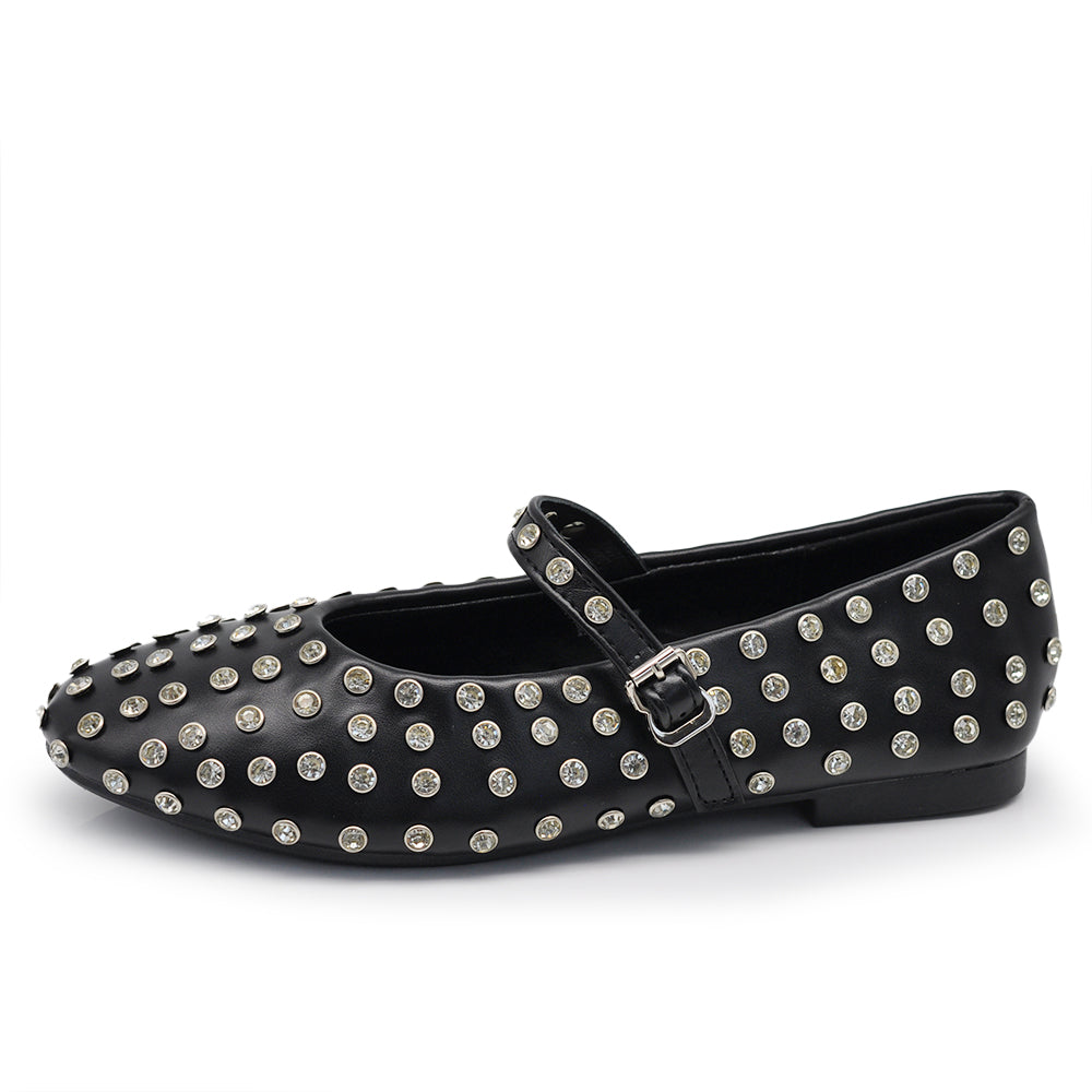 Mary Jane Ballerine con Cinturino Borchie e Strass Brillantini Punta Tonda in Pelle H90