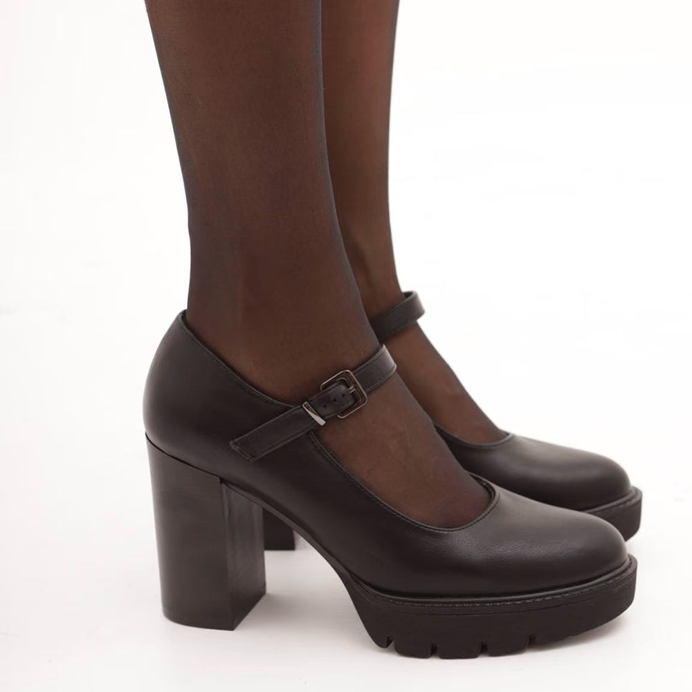 Décolleté Scarpe Da Donna Mary Jane Tacco Alto Grosso Con Cinturino MP70013-1 nero