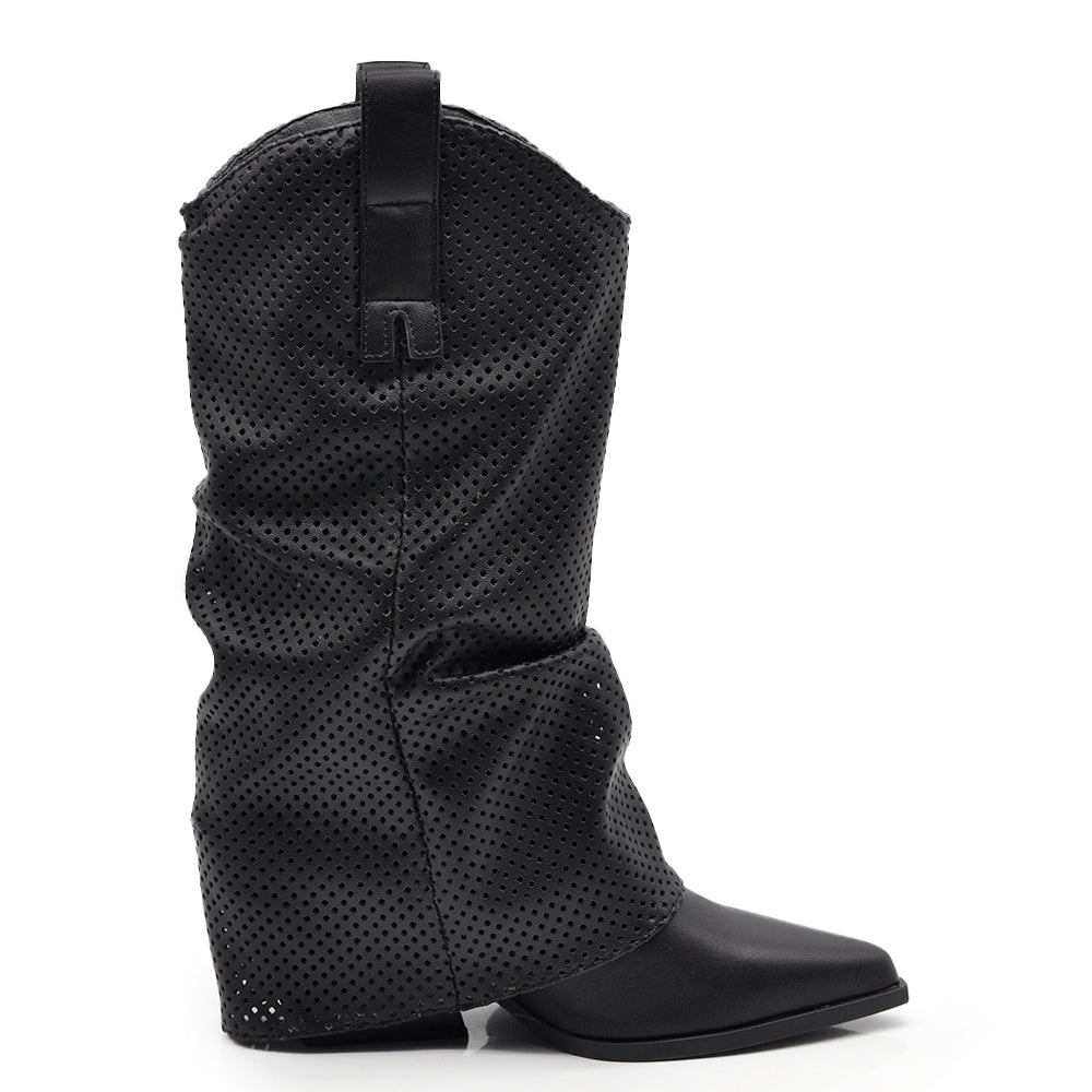 Stivaletti Arricciati Texani Donna con Decorazione Esterna Traforata e Tacco Medio – Stivali Western