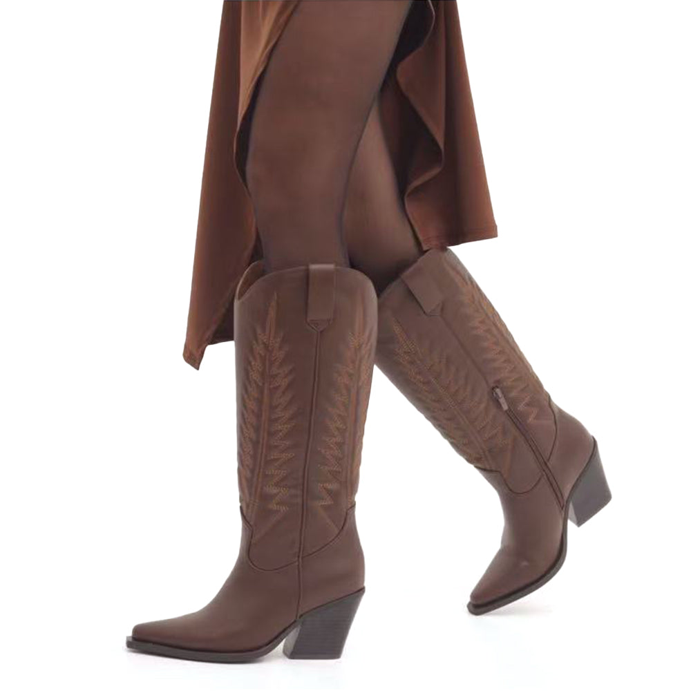 Stivali Alti Da Donna Texani Cowboy Cowgirl A Punta Con Tacco Medio 2701-6
