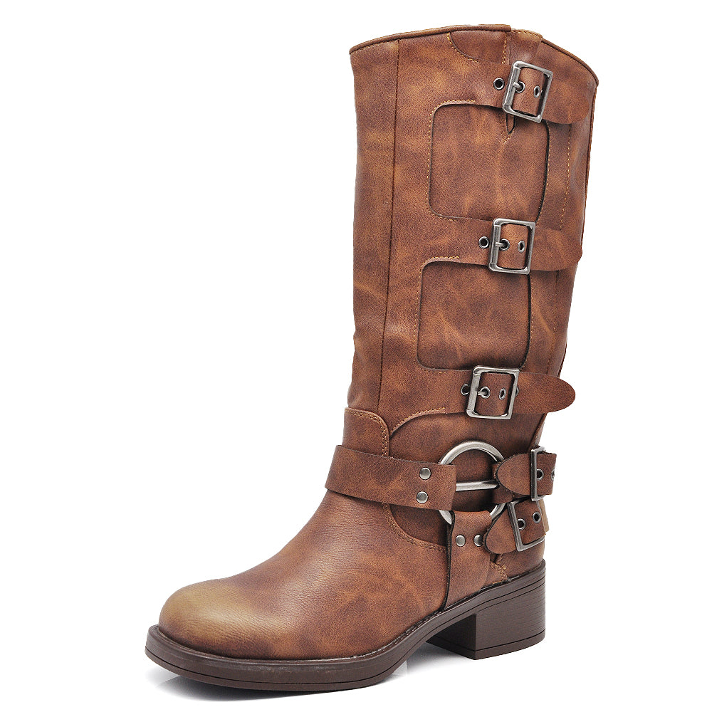 Scarpe Stivali da Donna Al Polpaccio Ginocchio Stile Biker Punk Rock Motociclista con Fibbia Multipla 730-3