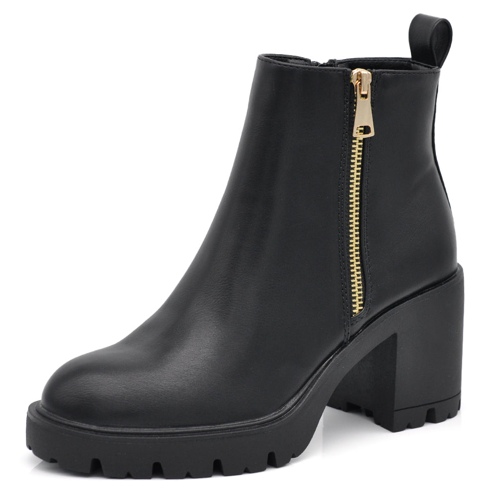 Stivaletti Tronchetti Donna In Pelle Sintetica – Tacco Grosso Platform, Doppio Fondo Carrarmato, Chiusura Lampo, Colore Nero