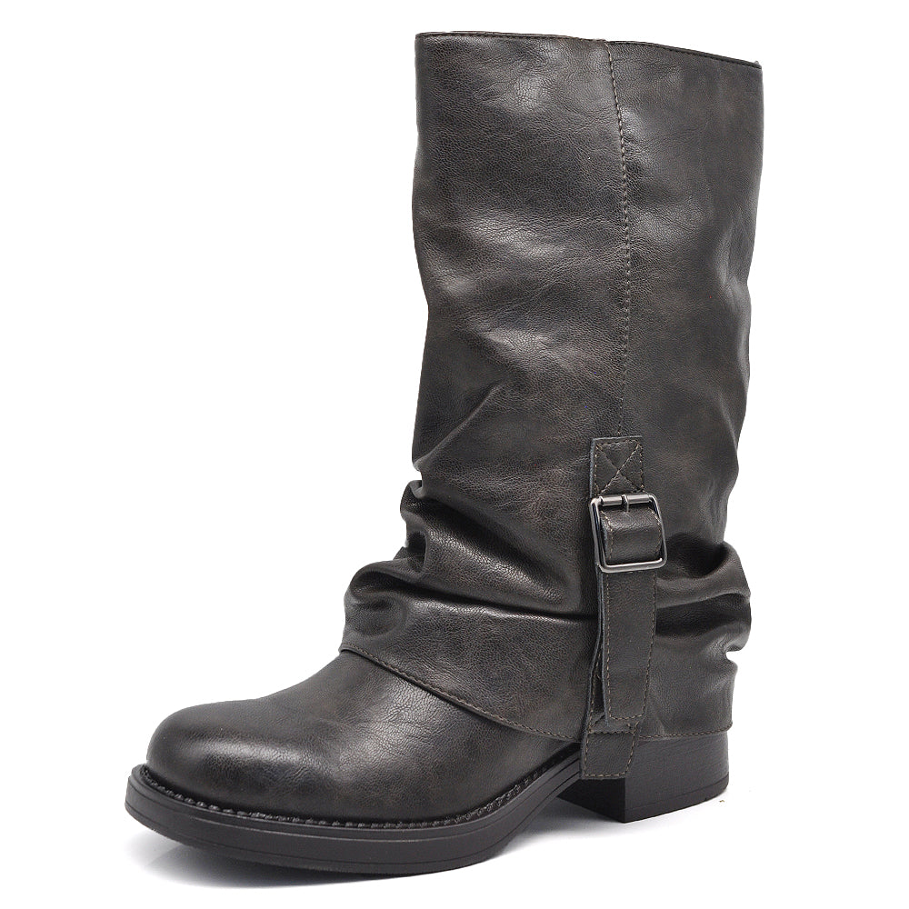 Stivali Da Donna Punta Quadrata Con Ghetta Risvolto effetto vintage e cinturino decorativo GA035
