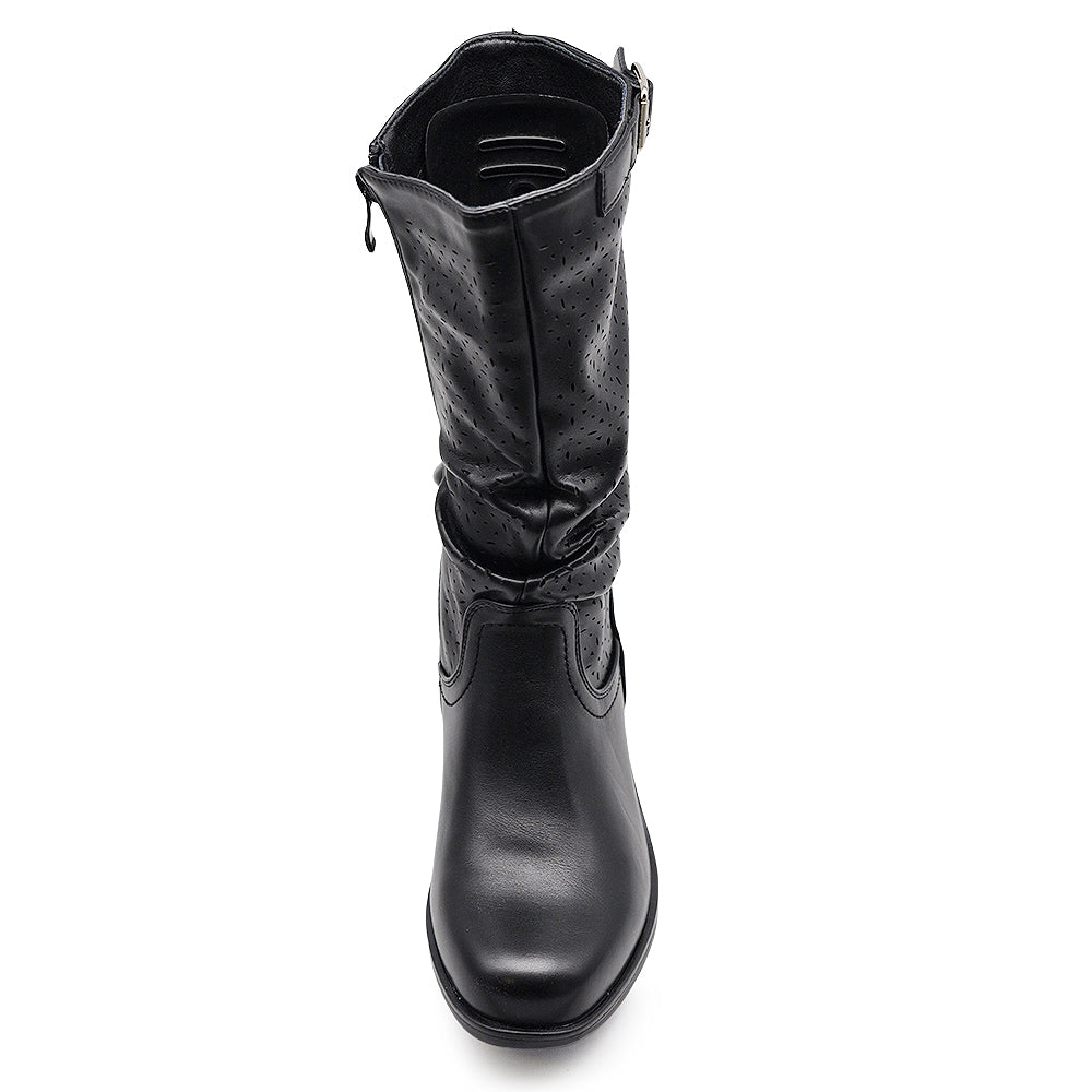 Biker Motociclista Stivaletti Primaverili Arricciati in Pelle Sintetica con Fori Decorativi YL205
