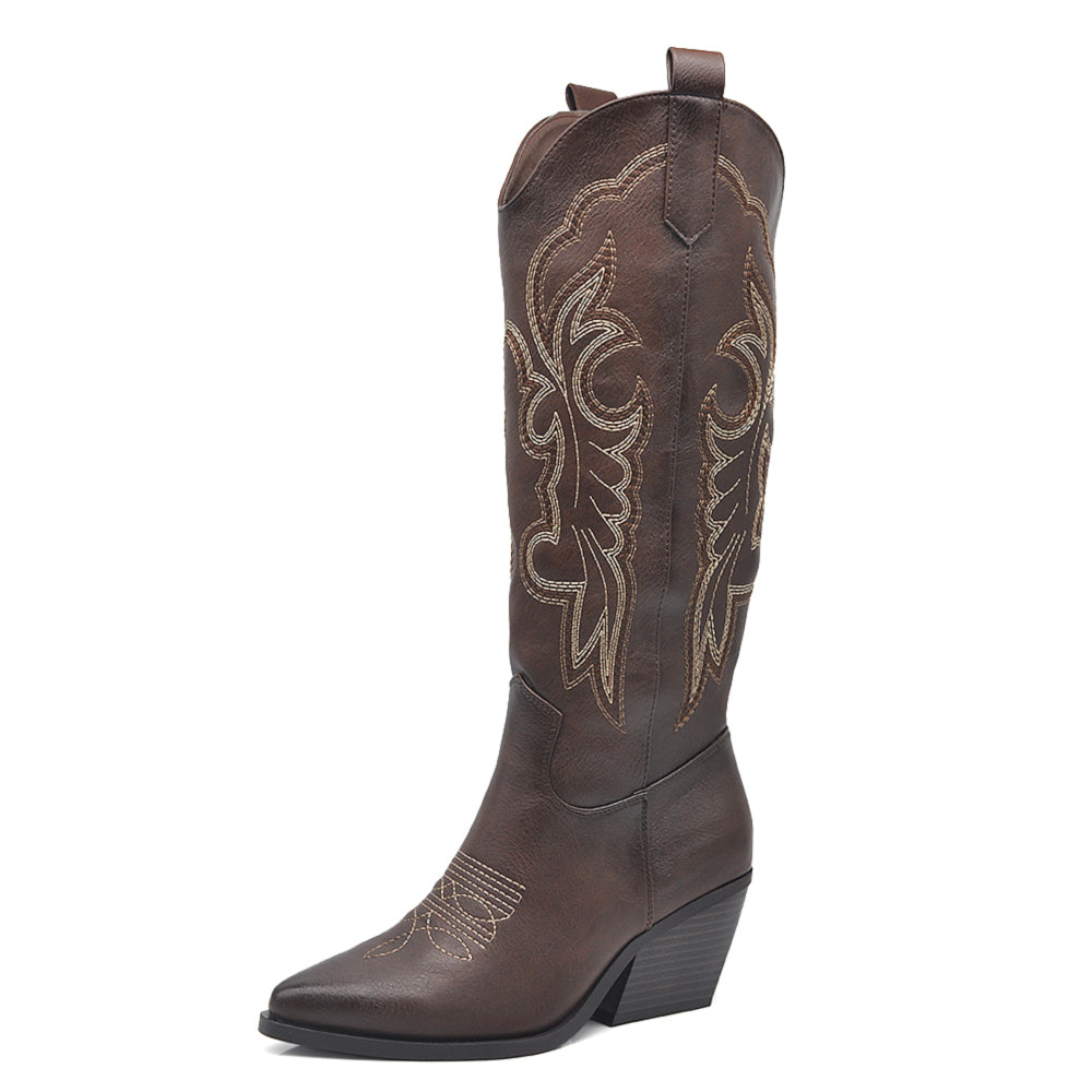 Stivali Texani Donna al Ginocchio Effetto Vintage – Stivali Western Ricamati con Tacco Largo