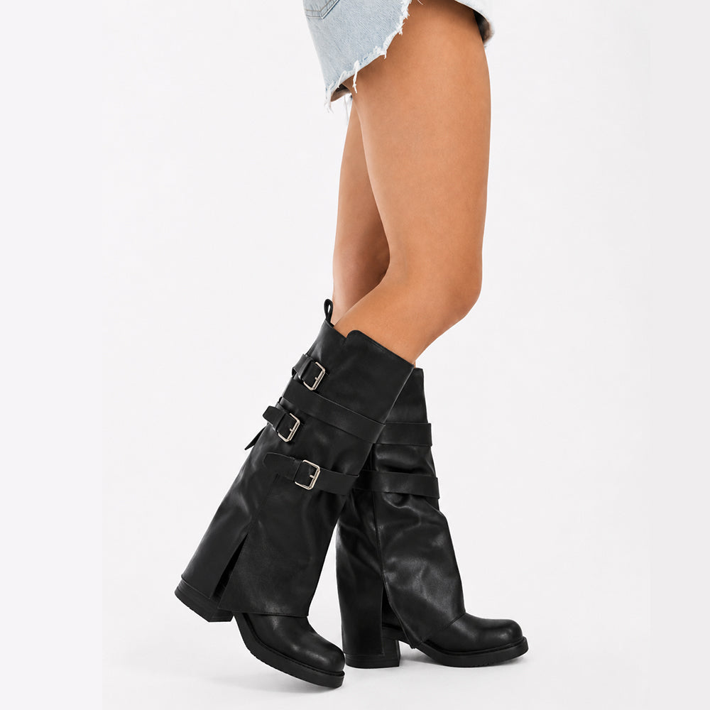 Stivali Biker Donna con Ghette, Fibbie Laterali e Tacco Largo, Modello Comodo dal Look Rock e Casual Chic