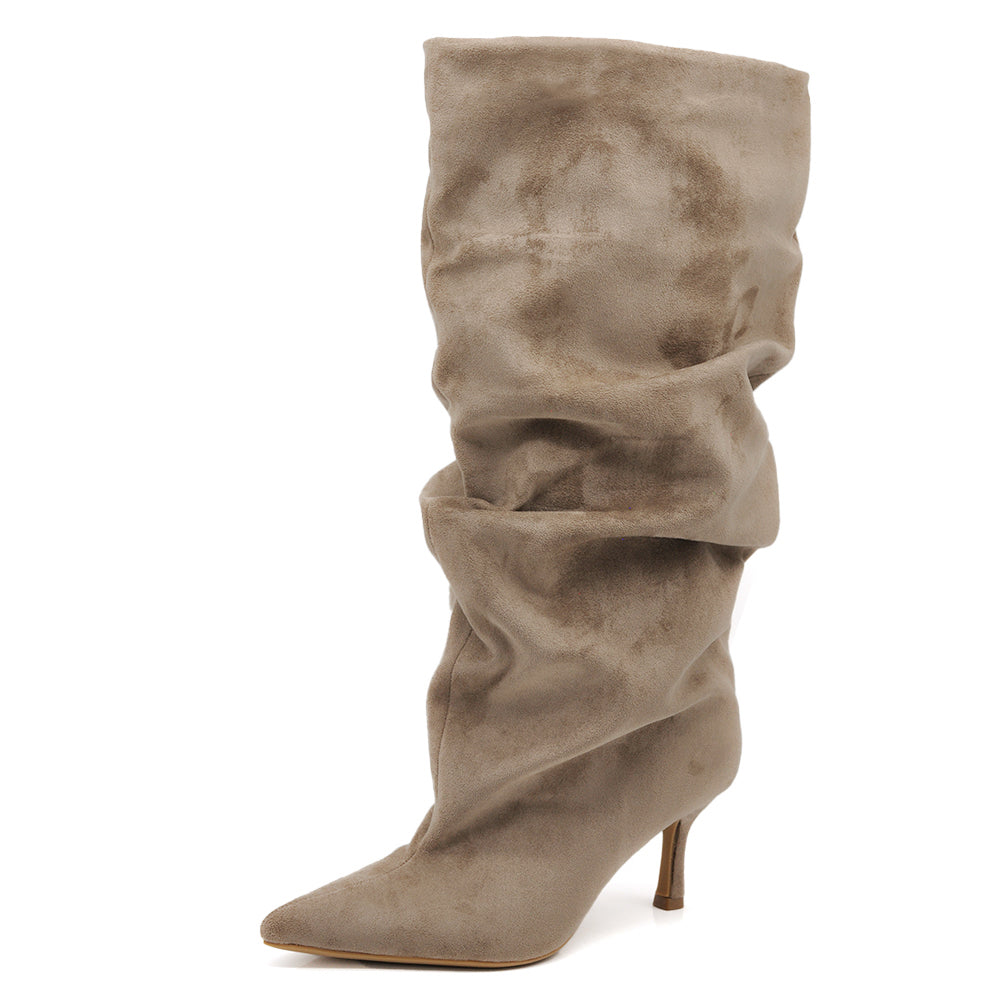 Stivali da Donna con Gambale Extra Largo Arricciato Slouchy a Punta con Tacco Medio