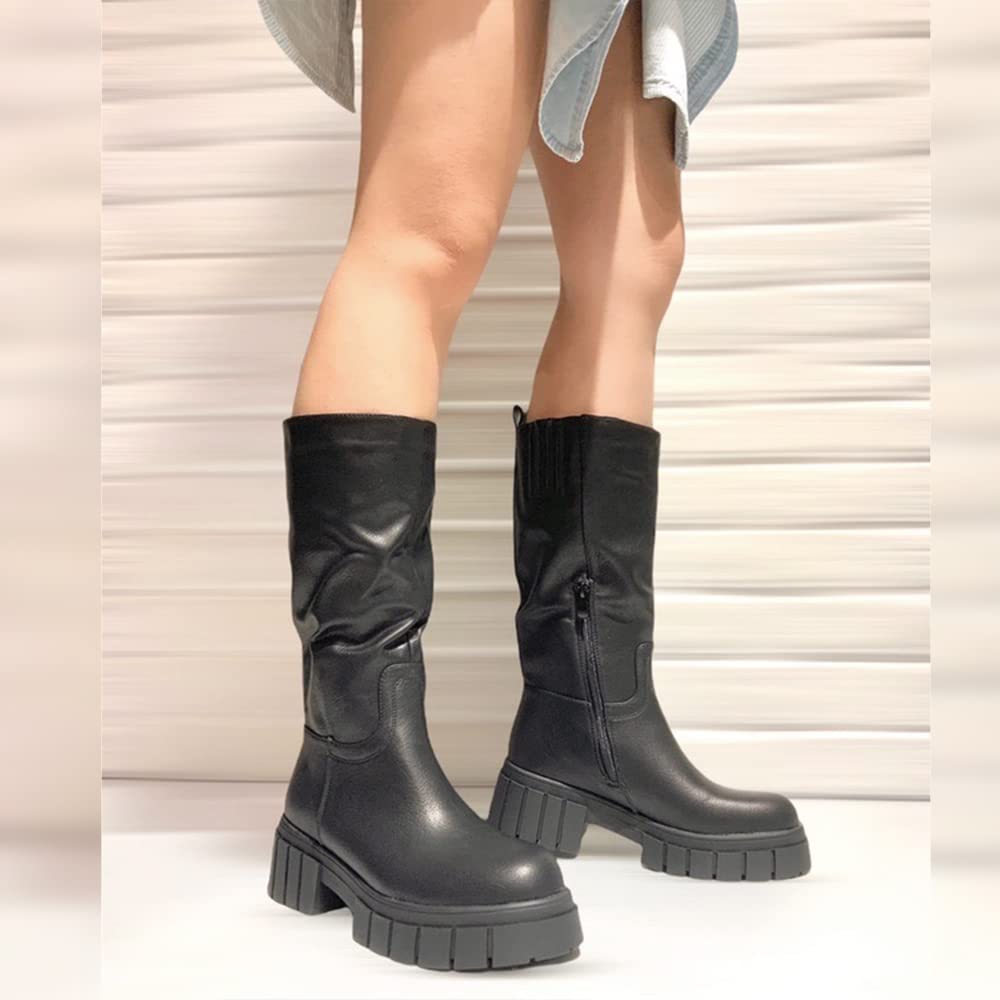 Stivali al Polpaccio Motociclista Biker Da Donna Pelle Vega con Platform GR-6612 nero