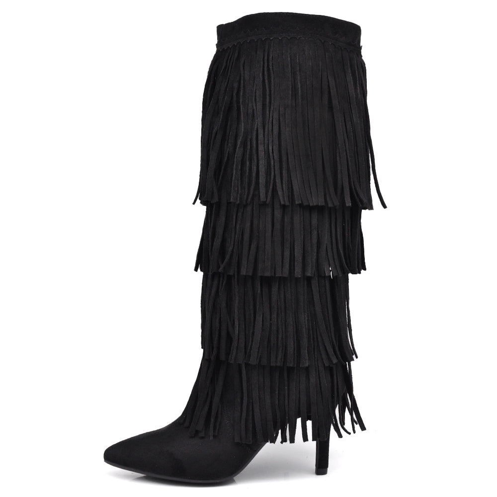 Stivali alti con 3 strati di frange in stile western a punta e tacco a spillo camoscio sintetico GA049