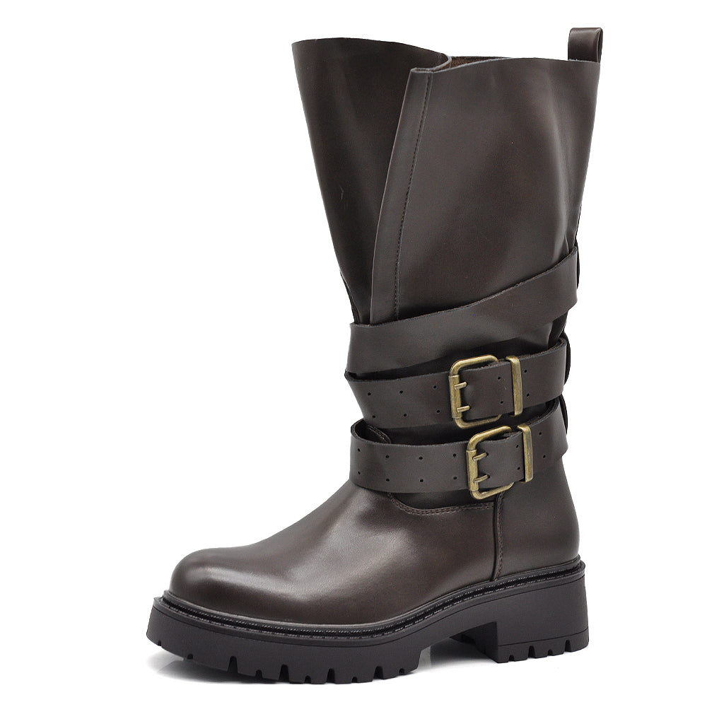 Stivali Biker Donna al Polpaccio con Maxi Linguetta Integrata, Fibbie e Cinturini, Gambale Largo, Suola Platform Carrarmato Stile Motociclista G737