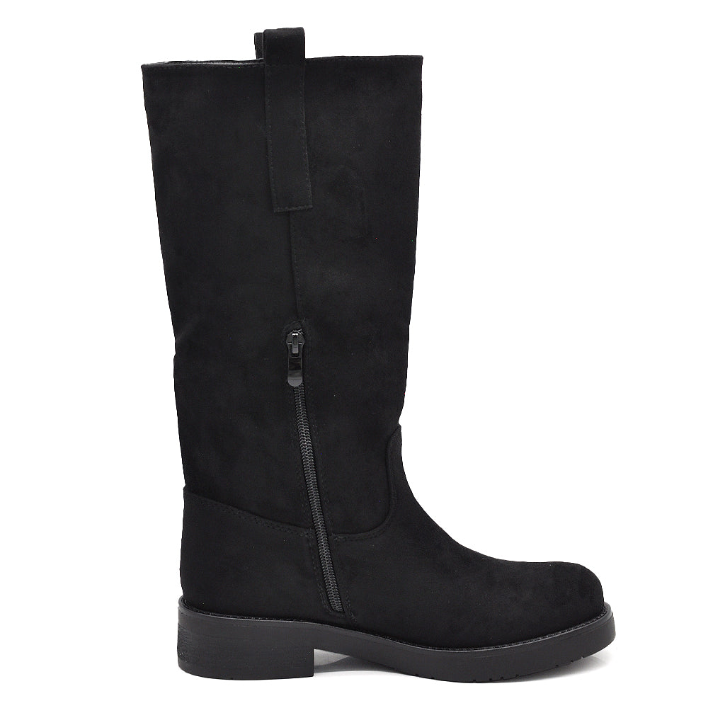Stivali Biker Donna Alti con Gambale Dritto, Suola Chunky e Tacco Basso – Stivali Moto Casual
