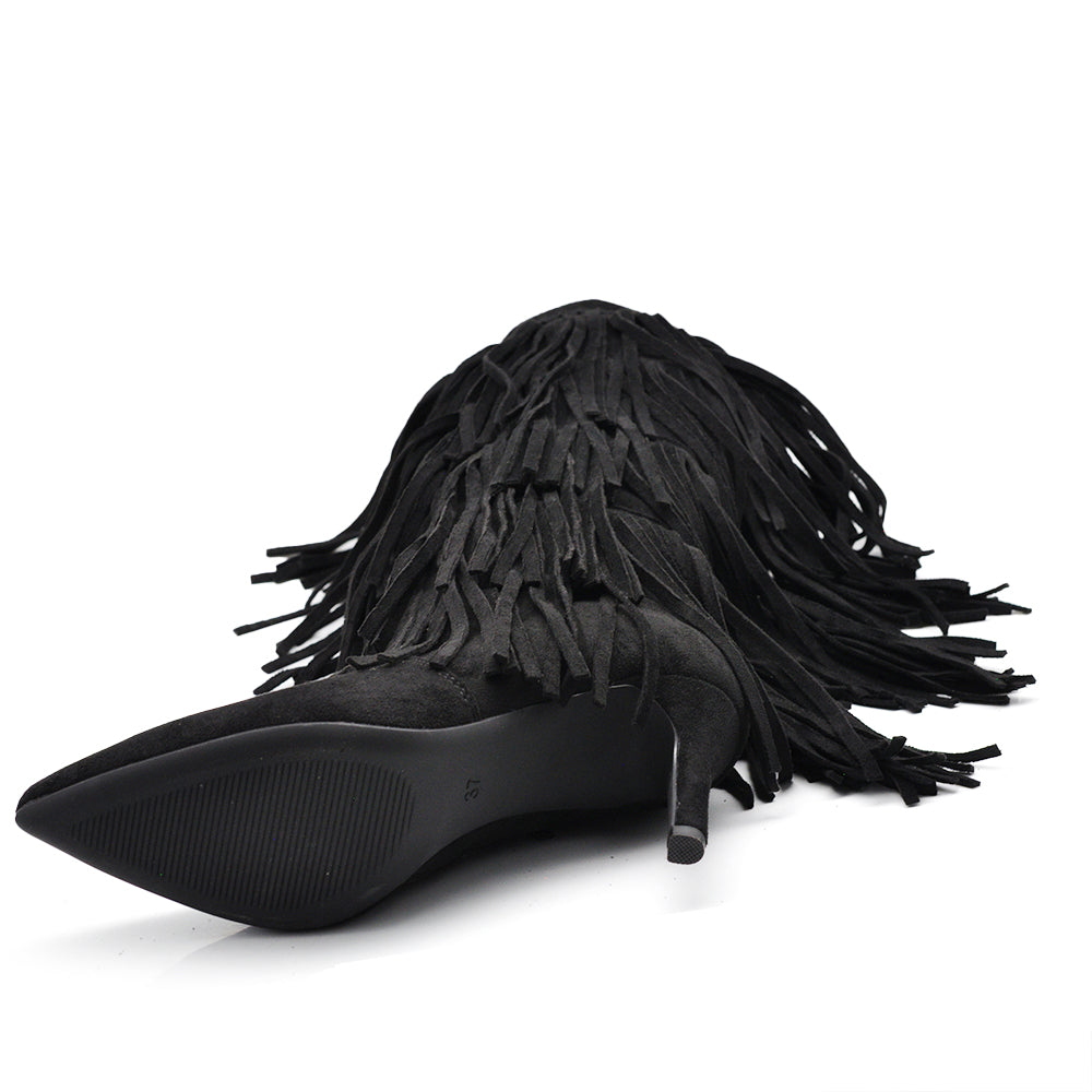 Stivali alti con 3 strati di frange in stile western a punta e tacco a spillo camoscio sintetico GA049