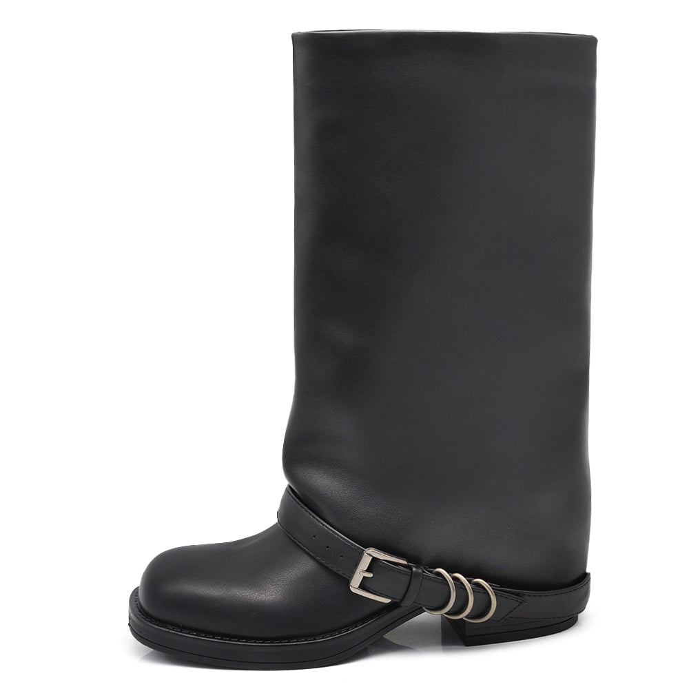 Stivali Da Donna Punta Quadrata Con Ghetta Risvolto cinturino decorativo MP2707-3 nero