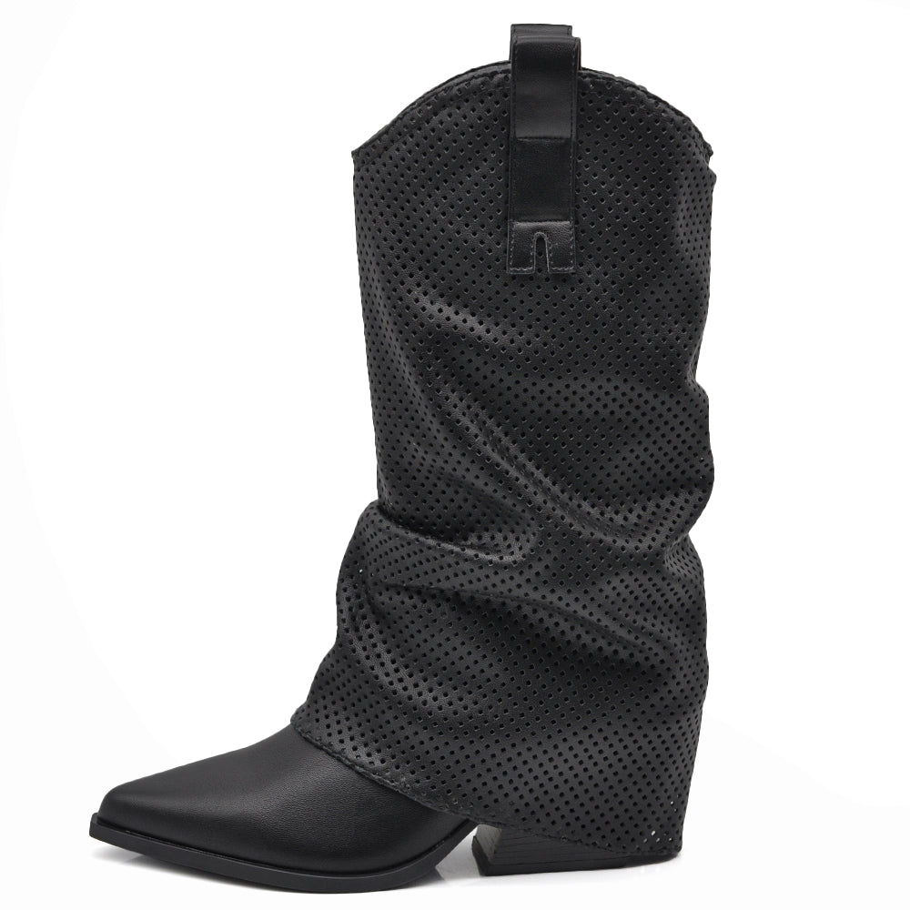 Stivaletti Arricciati Texani Donna con Decorazione Esterna Traforata e Tacco Medio – Stivali Western