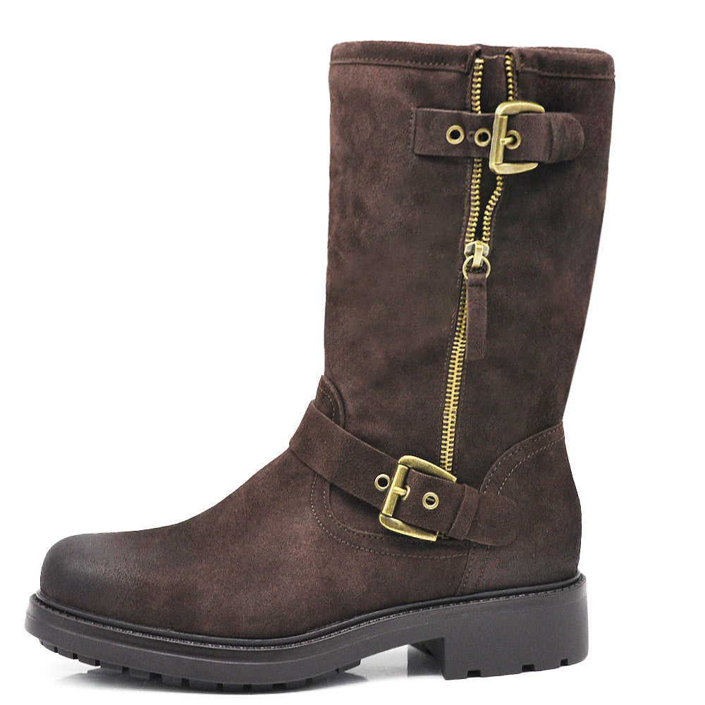 Stivali stivaletti biker moto da donna con fibbie e cerniera suola carrarmato casual in camoscio 9Y6036 nero marrone