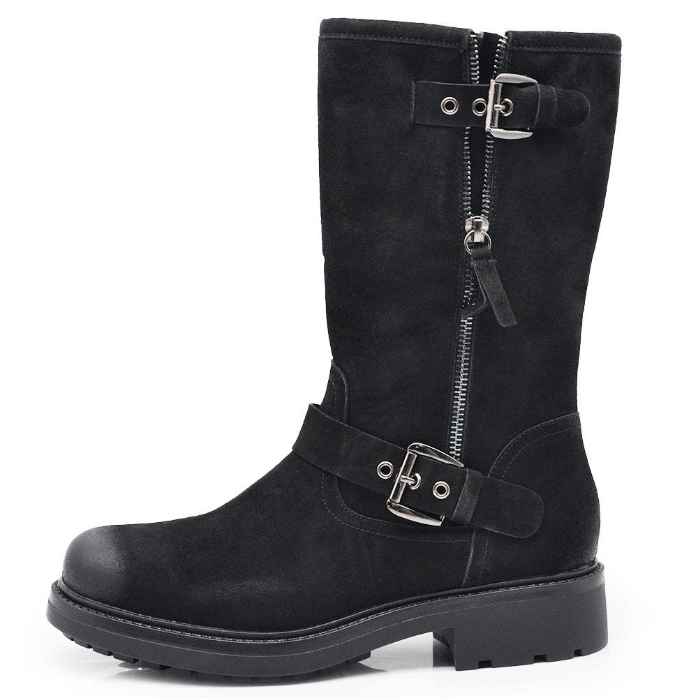 Stivali stivaletti biker moto da donna con fibbie e cerniera suola carrarmato casual in camoscio 9Y6036 nero marrone