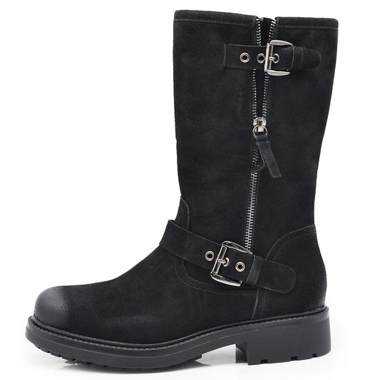 Stivali stivaletti biker moto da donna con fibbie e cerniera suola carrarmato casual in camoscio 9Y6036 nero marrone