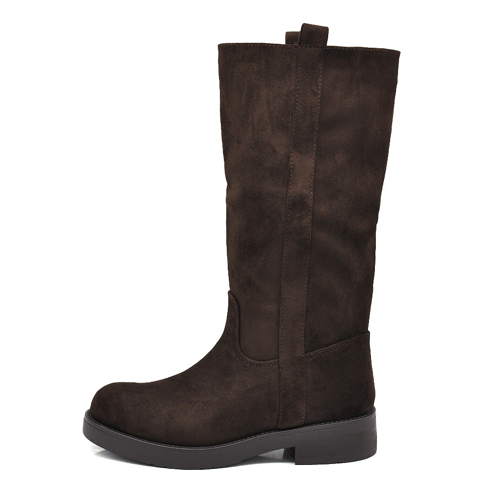 Stivali Biker Donna Alti con Gambale Dritto, Suola Chunky e Tacco Basso – Stivali Moto Casual