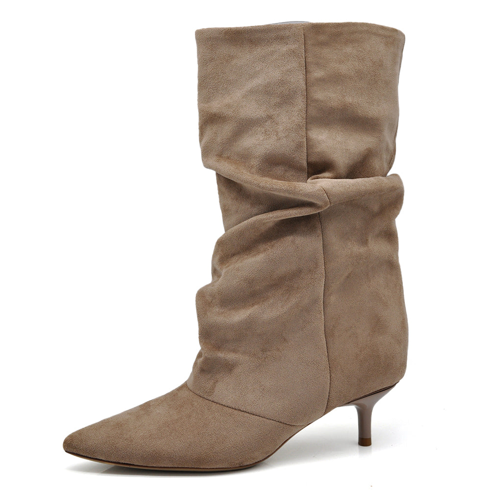 Stivali al polpaccio da donna scamosciato con tacco basso a spillo gattina KITTEN HEELS arricciato elegante e confortevole R707