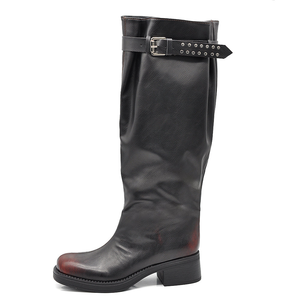 Stivali Donna Gambale Regolabile con Fibbie – Punta Quadrata Trendy, Stivali Alti Moda