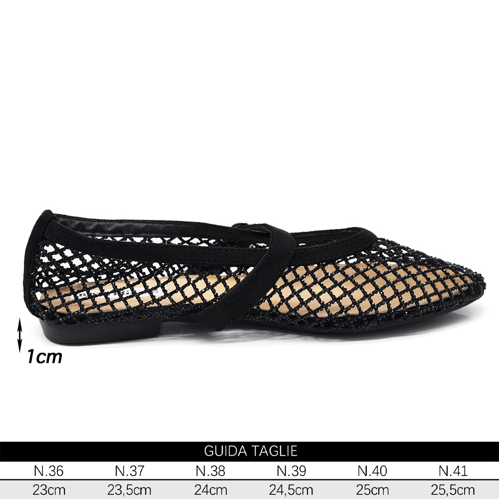 Ballerine Donna Mary Jane a Rete con Strass, Scarpe Basse Traforate con Cinturino e Fibbia, Ballerine Gioiello Eleganti