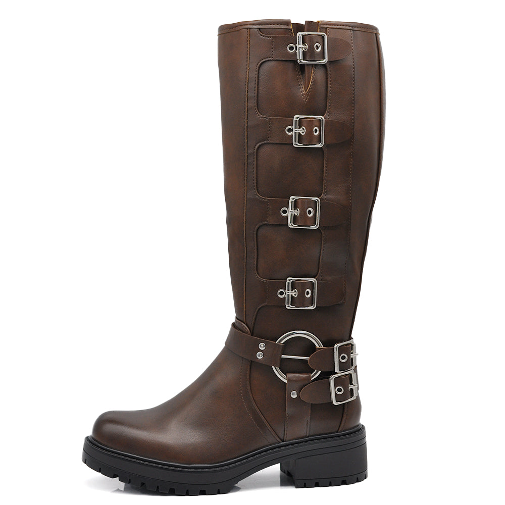 Scarpe Stivali da Donna Al Polpaccio Ginocchio Stile Biker Punk Rock Motociclista con Fibbia Multipla ML287