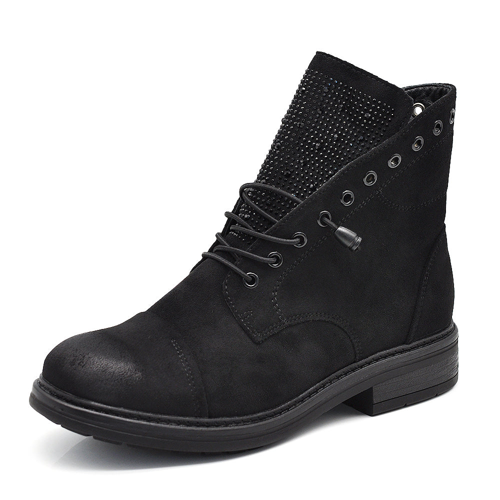 Anfibi Donna Biker Effetto Scamosciato con Strass, Tronchetti con Lacci Elastici, Punta Rinforzata