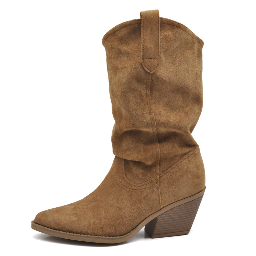 Stivali Texani Donna Camperos Slouchy Morbidi Arricciabili in Effetto Scamosciato con Tacco Largo e Punta Affusolata K0136