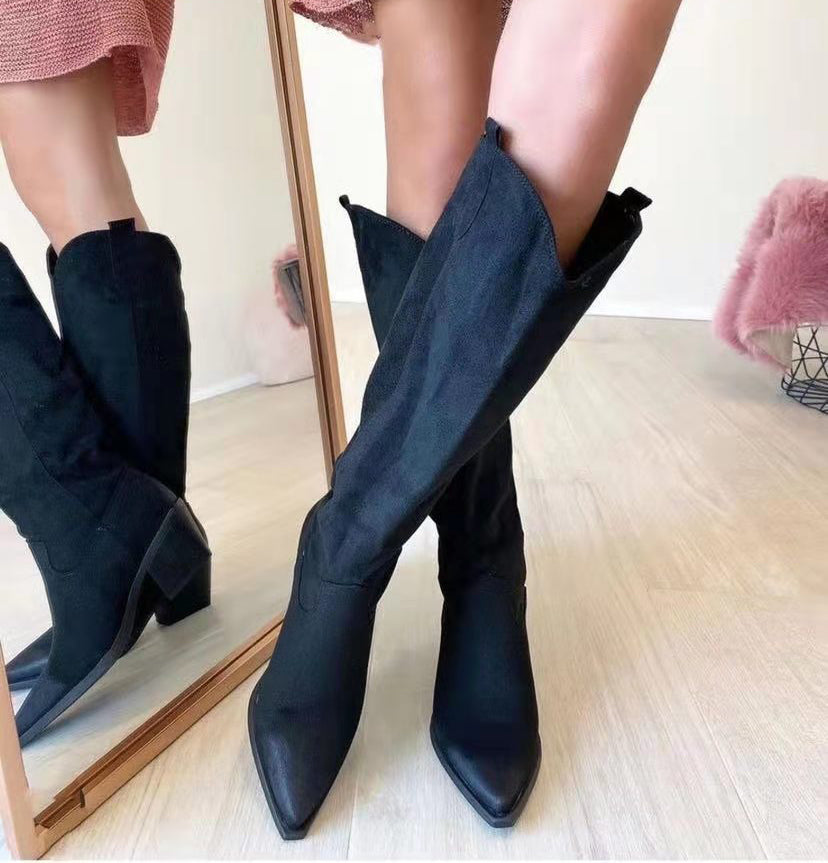 Stivali Alti Camperos Texani A Punta Ginocchio Western Camoscio Da Donna D7760