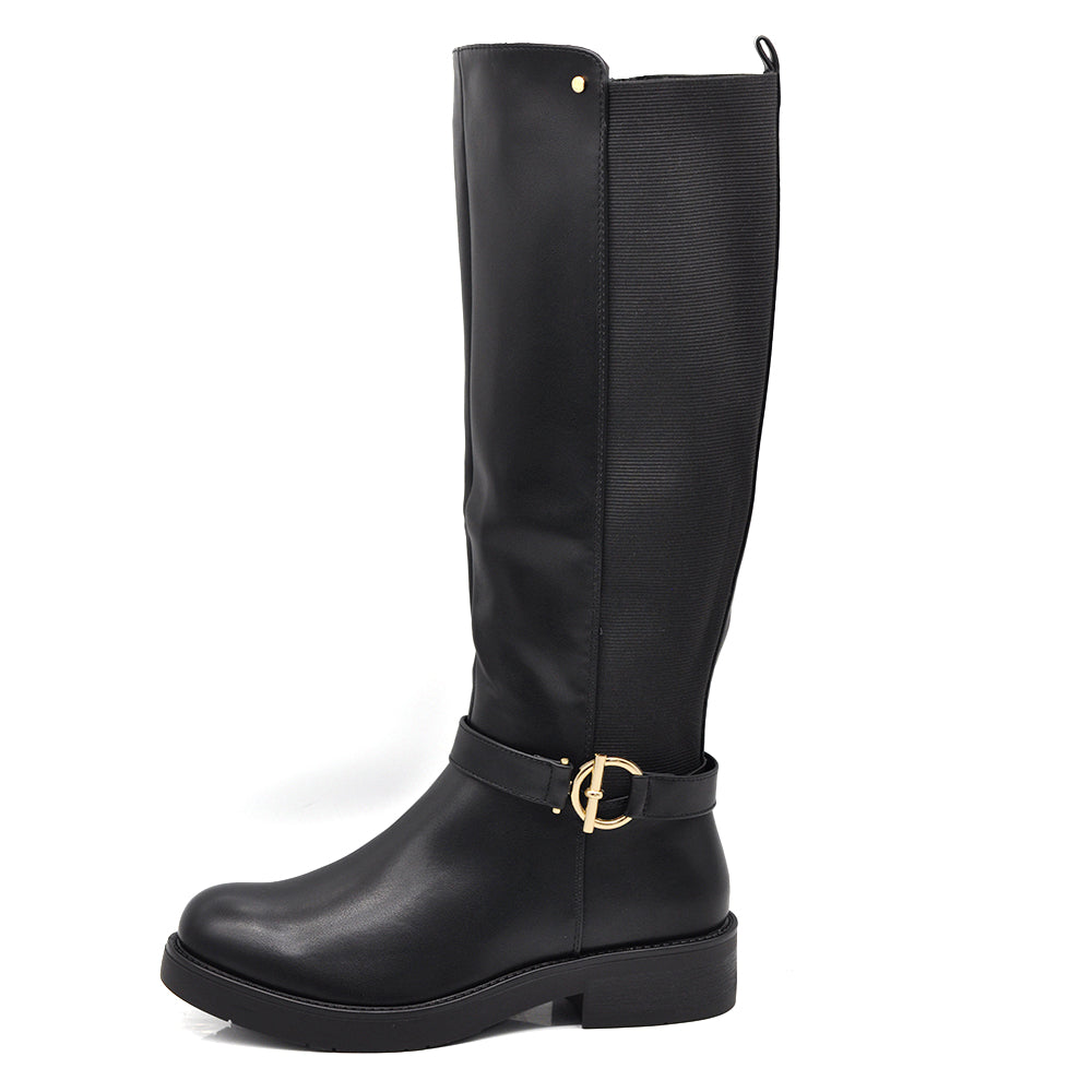 Stivali Donna Cavallerizzi con Inserto Elastico e Fibbia – Stivali Alti Stile Equestre con Zip Laterale 736
