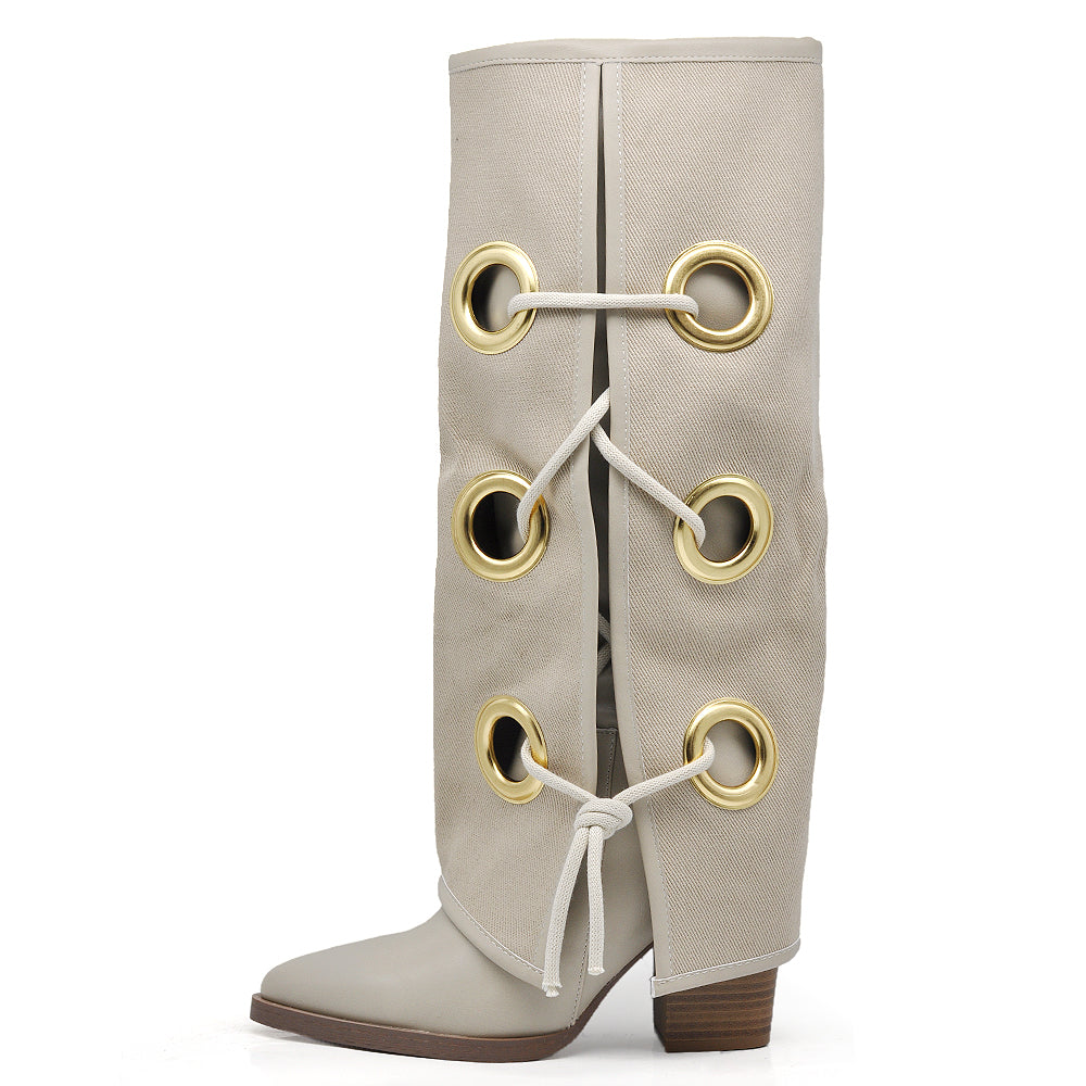 Stivali in ghetta A Punta Con Tacco Cerchi Zip Cerniera Da Donna Denim GA028