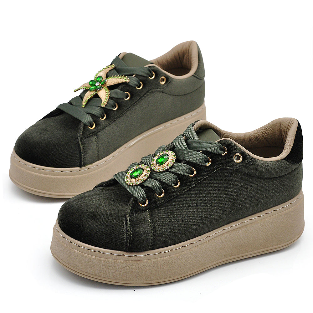 Sneakers donna platform eleganti con applicazioni gioiello scarpe casual moda comfort con decorazioni brillanti AD-147 velluto