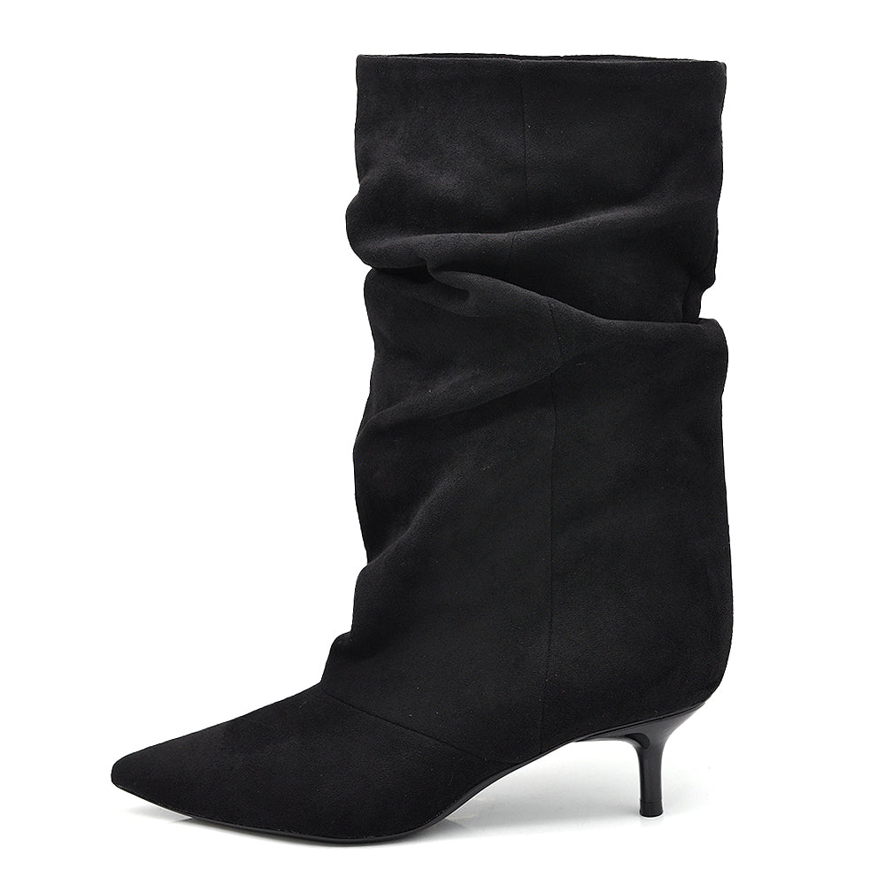 Stivali al polpaccio da donna scamosciato con tacco basso a spillo gattina KITTEN HEELS arricciato elegante e confortevole R707