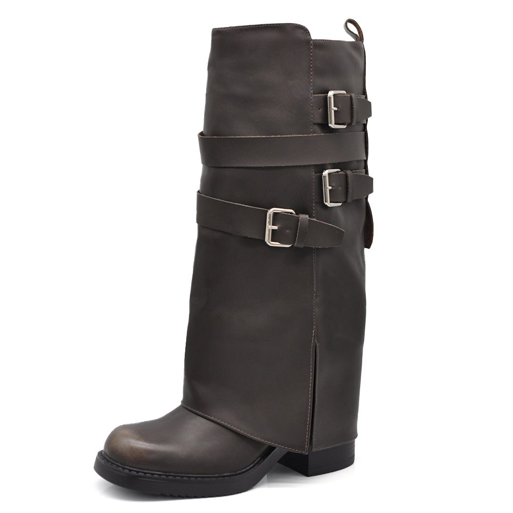 Stivali Biker Donna con Ghette, Fibbie Laterali e Tacco Largo, Modello Comodo dal Look Rock e Casual Chic