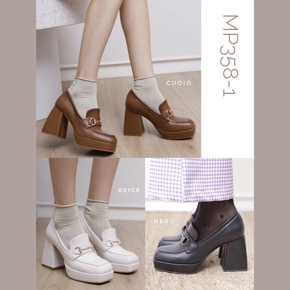 Mocassini Décolleté Da Donna Morsetto Tacco Grosso 358-1 nero cuoio bianco beige