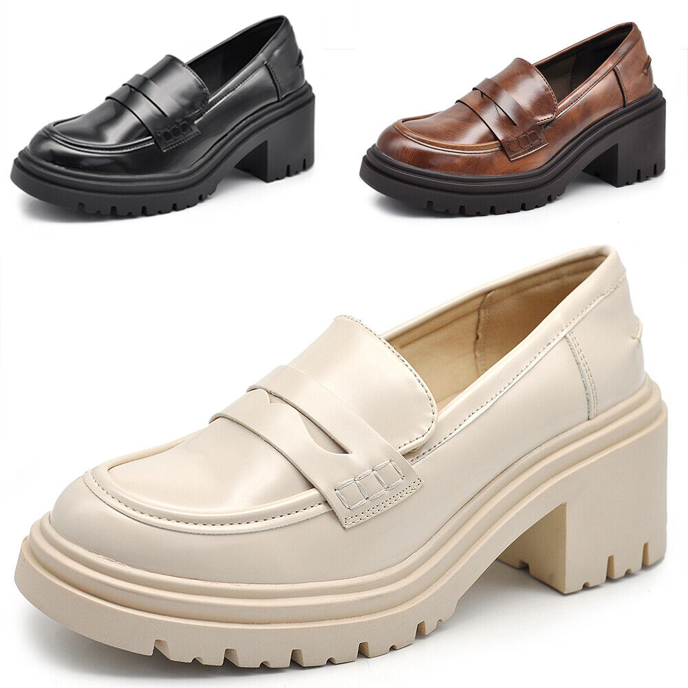 Scarpe Mocassini Loafers Slip On Da Donna Con Tacco 7cm Platform IF-6647 nero beige