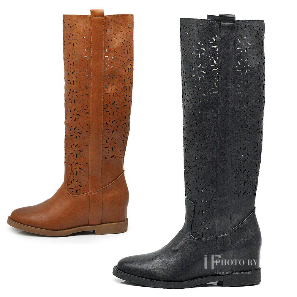 Stivali Estivi Primaverili Traforati Da Donna Con Zeppa Interna Rialzo LY81
