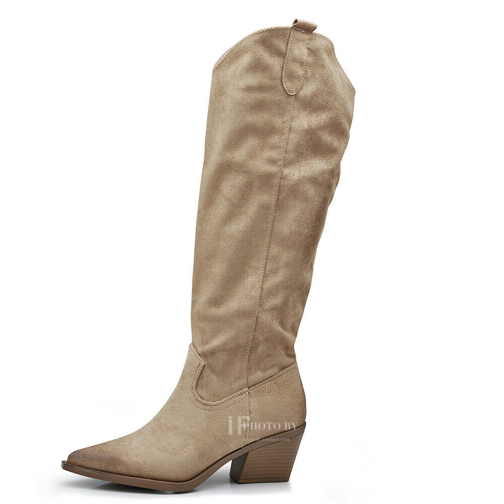 Stivali Alti Camperos Texani A Punta Ginocchio Western Camoscio Da Donna D7760