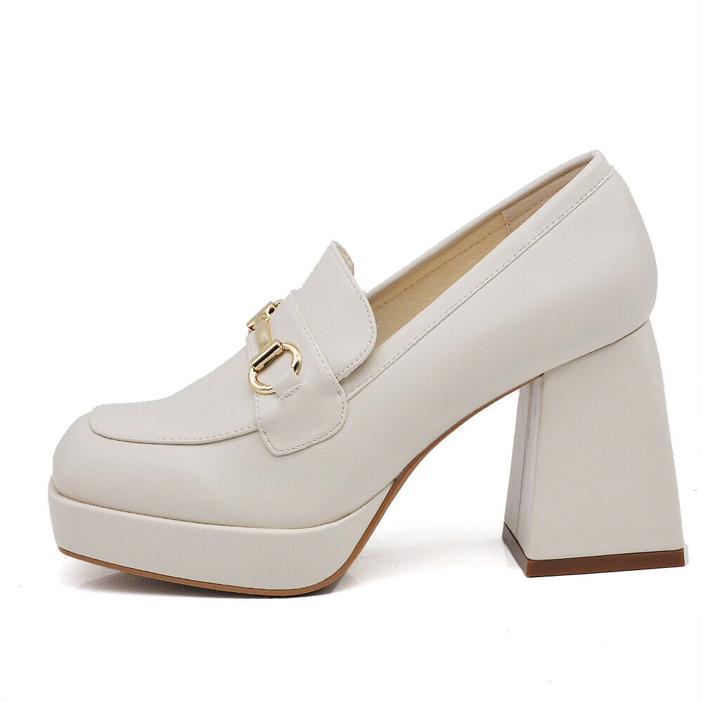 Mocassini Décolleté Da Donna Morsetto Tacco Grosso 358-1 nero cuoio bianco beige