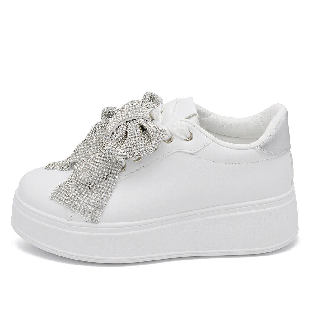 Scarpe Da Donna Ginnastica Sportive Sneaker Bianco Platform Fiocco Strass AD-835