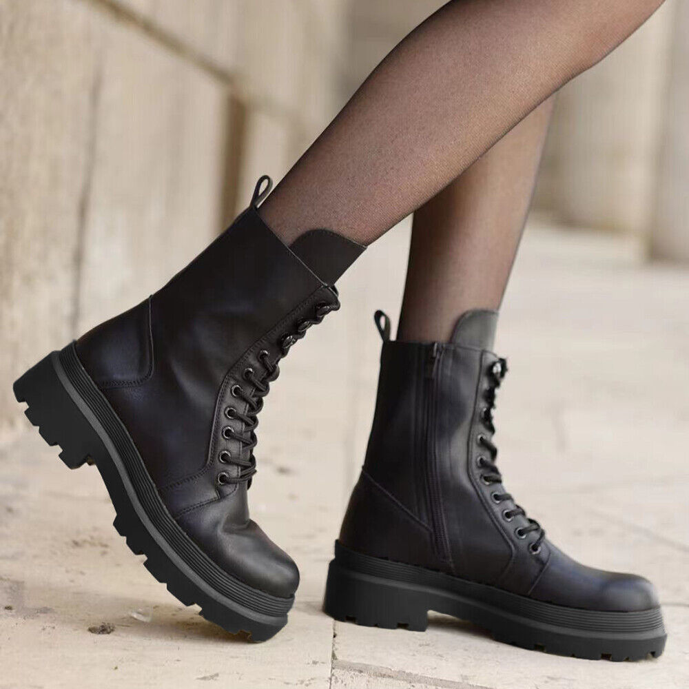 Stivali Stivaletti Platform Donna Motociclista Anfibi MP326 nero beige