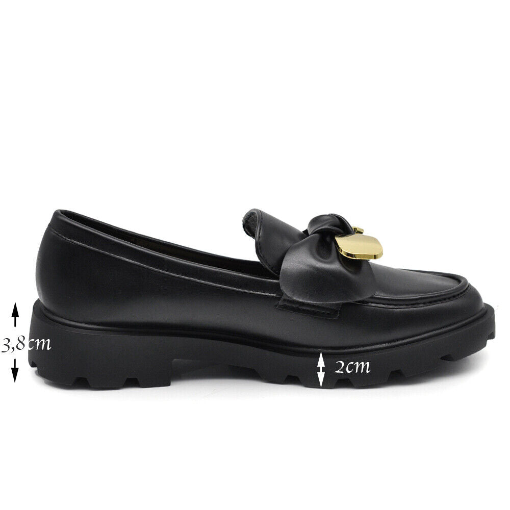 Scarpe Mocassini Loafers Slip On Da Donna Con Fiocco e Orsetto Dorato H55 nero