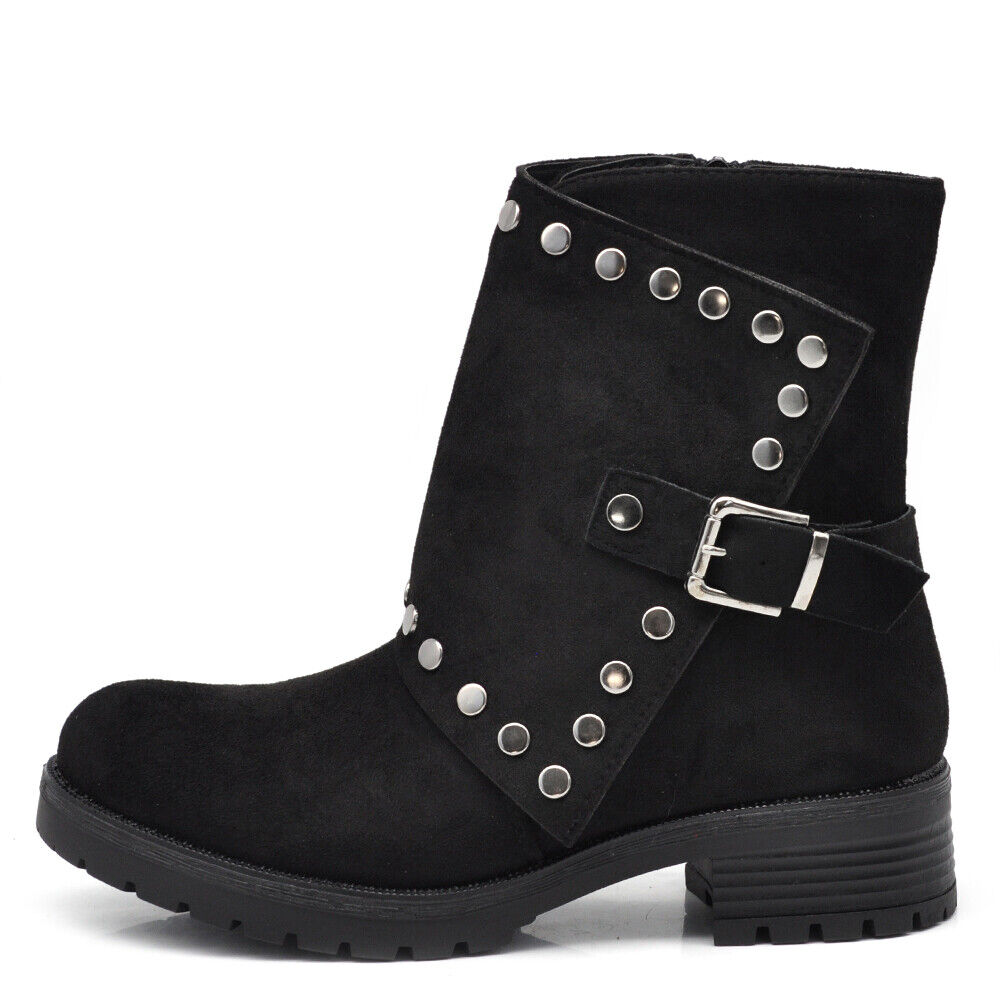 Stivali Stivaletti Biker Anfibi Motociclista Fibbia Borchie Da Donna MS1527
