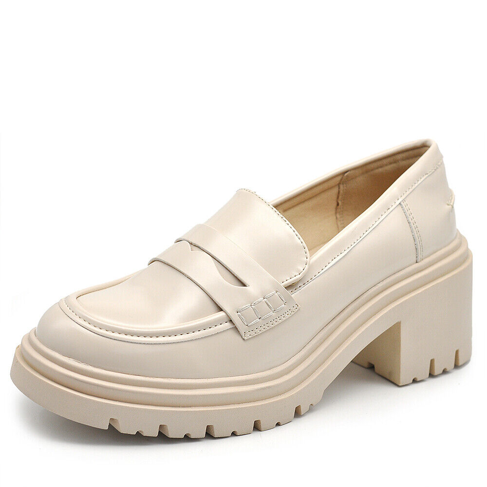 Scarpe Mocassini Loafers Slip On Da Donna Con Tacco 7cm Platform IF-6647 nero beige