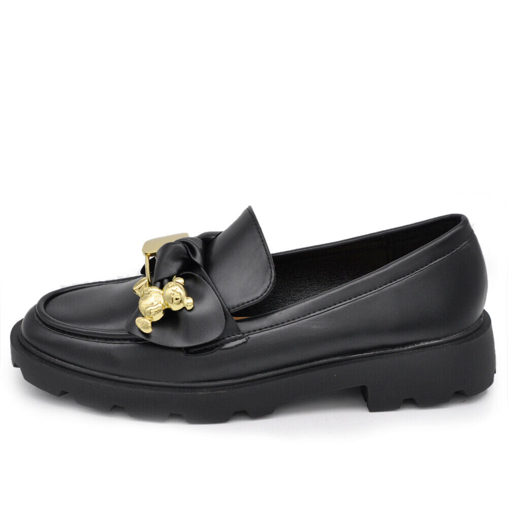 Scarpe Mocassini Loafers Slip On Da Donna Con Fiocco e Orsetto Dorato H55 nero