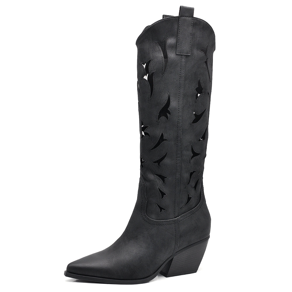 Stivali Alti Primaverili Texani Donna Traforati al Ginocchio – Stivaletti Western con Tacco Medio